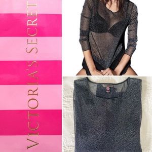 Victoria’s Secret Sheer Shimmer Metallic Long Sleeve Black Silver Top Size M/L